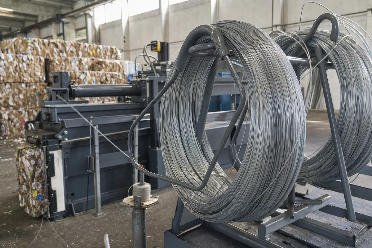 Coils of galvanized baling wire feeding a channel baling press