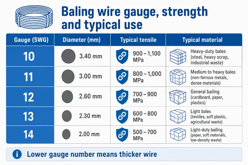 Infographic comparing baling wire gauges, diameters and typical applications