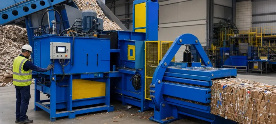 Industrial horizontal channel baling press in operation
