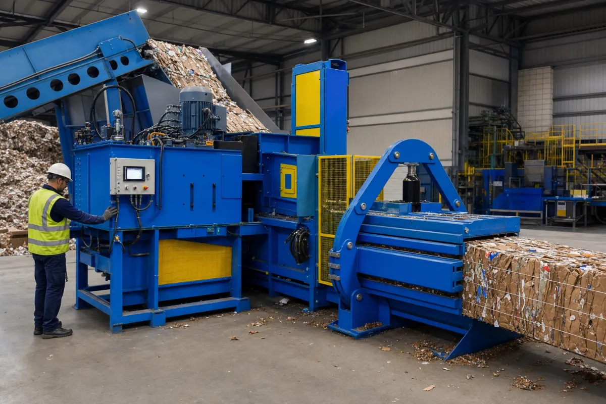 Industrial horizontal channel baling press in operation