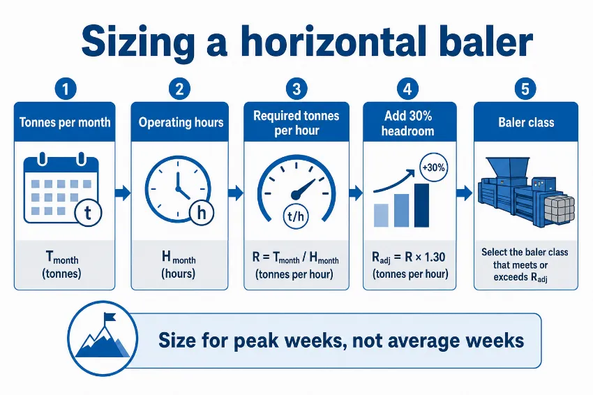 Step by step method for sizing a horizontal baler from throughput