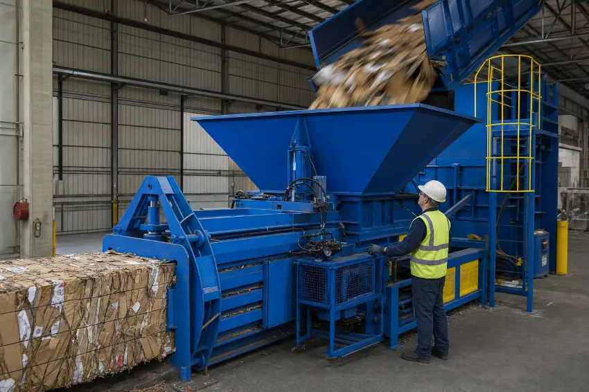 Extra wide feed hopper on an industrial baling press