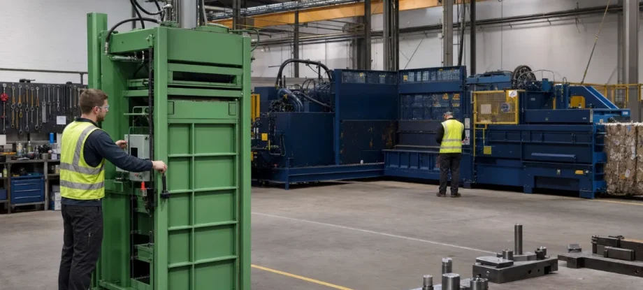 A vertical baler and a horizontal baling press in the same facility