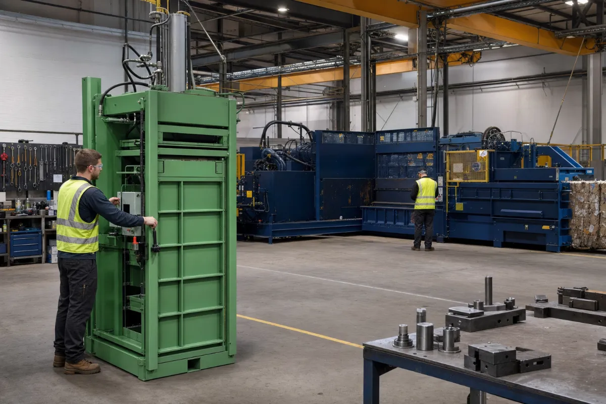 A vertical baler and a horizontal baling press in the same facility
