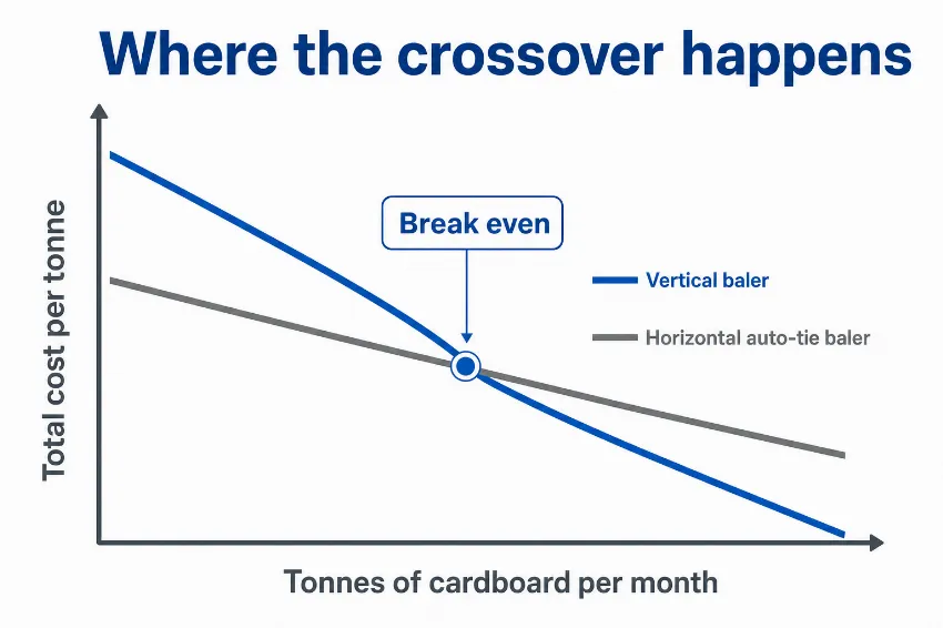 Chart showing the tonnage at which a horizontal baler becomes cheaper per tonne