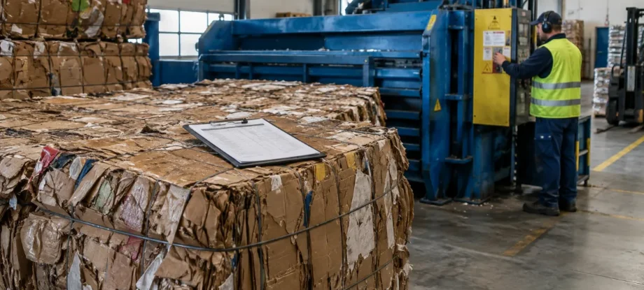 Cardboard baler cost sheet resting on bales next to an industrial baler