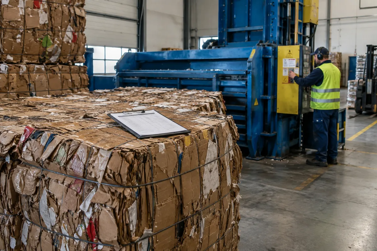 Cardboard baler cost sheet resting on bales next to an industrial baler