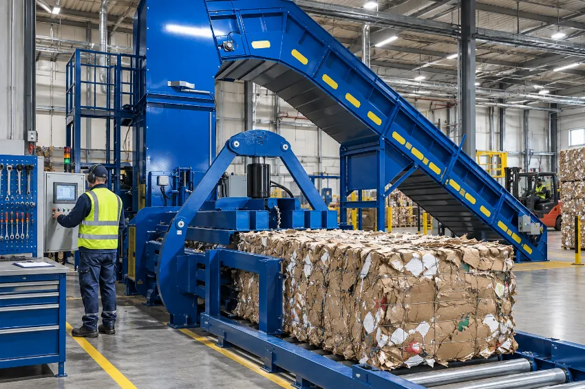 ANIS horizontal channel baler producing a cardboard bale ready for sale