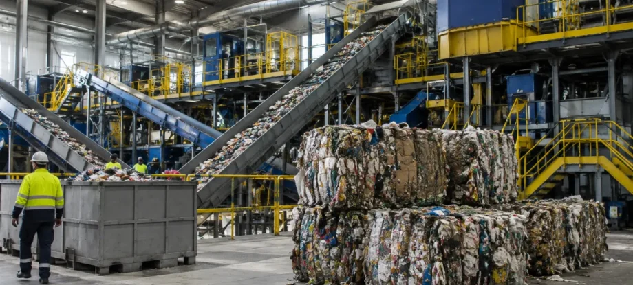 Material recovery facility with conveyors, sorting cabins and finished bales
