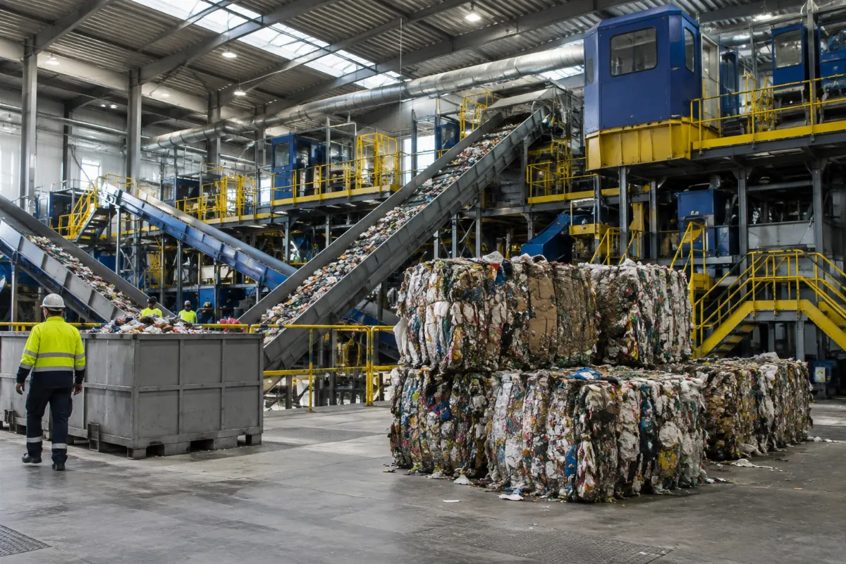 Material recovery facility with conveyors, sorting cabins and finished bales