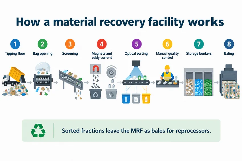Infographic showing the stages of a material recovery facility from tipping floor to baling