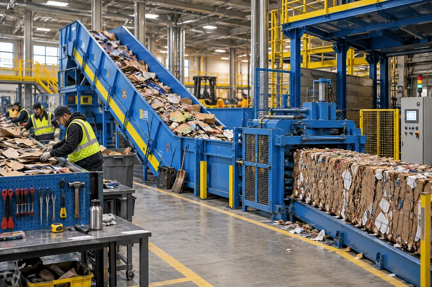 ANIS auto-tie baler fed by an in-floor chain conveyor at the end of an MRF sorting line