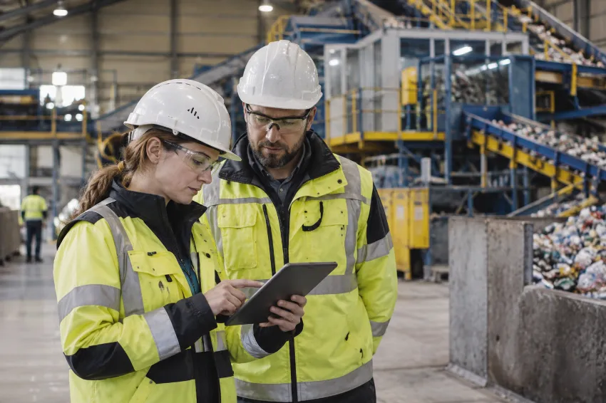 Engineers planning an MRF layout upgrade inside a recycling hall