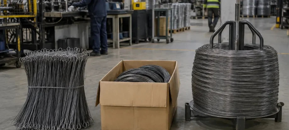 Single loop bale ties, box wire and a stem coil side by side