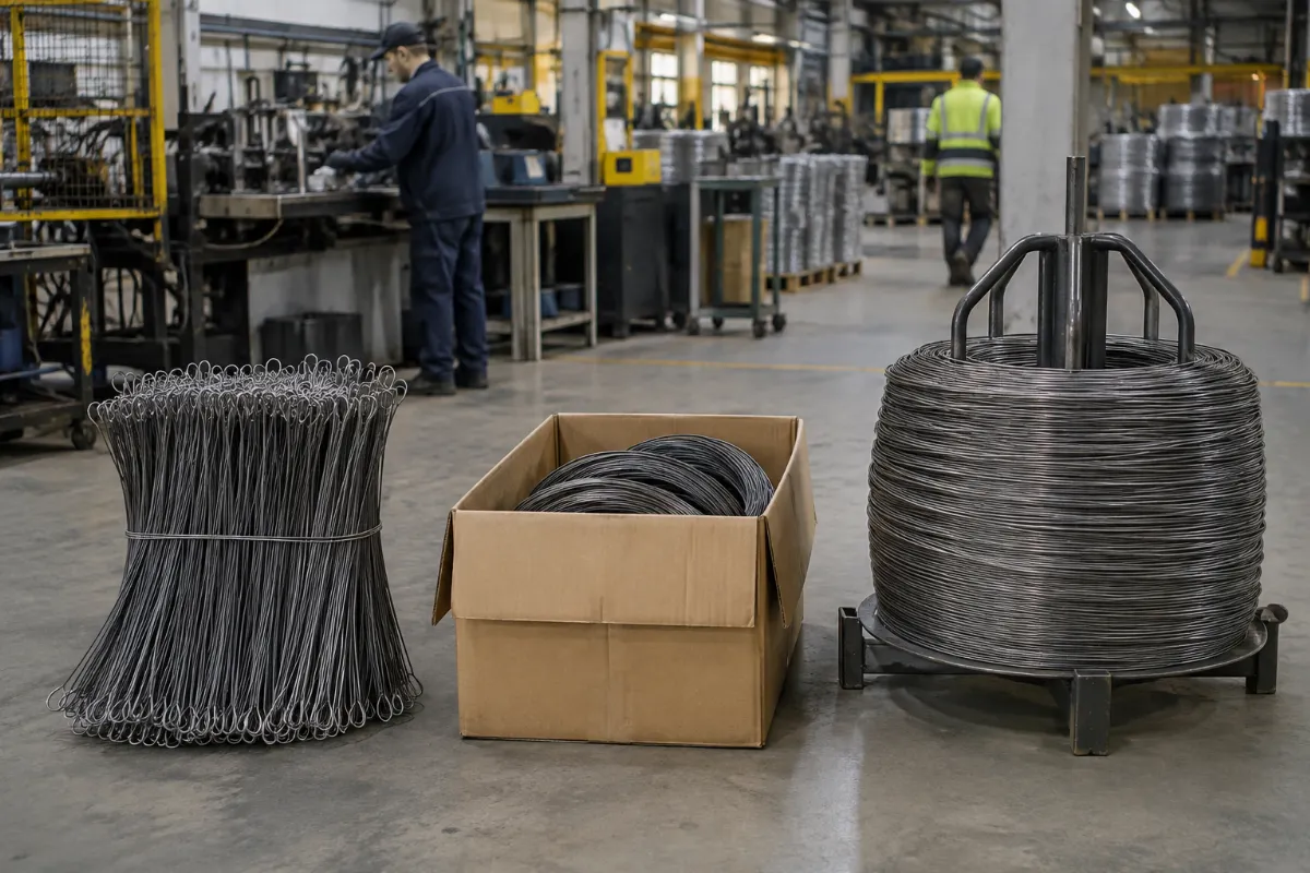 Single loop bale ties, box wire and a stem coil side by side