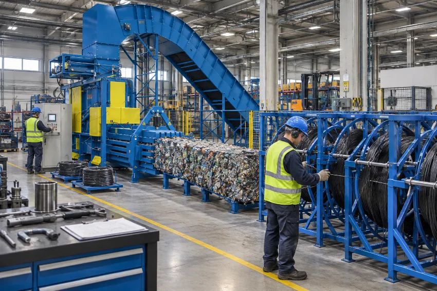 ANIS big coil wire holder feeding steel wire into a channel baler