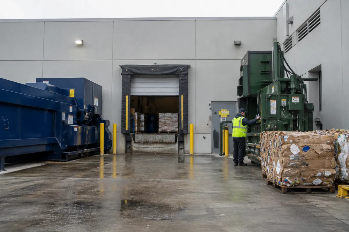 Baler vs compactor side by side at a distribution centre loading dock