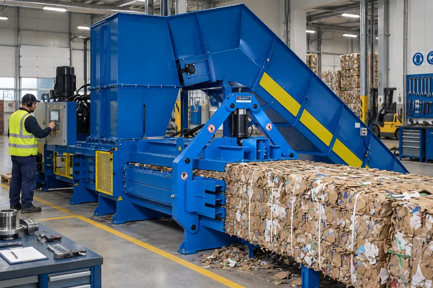 ANIS auto-tie baler producing tied cardboard bales for recycling