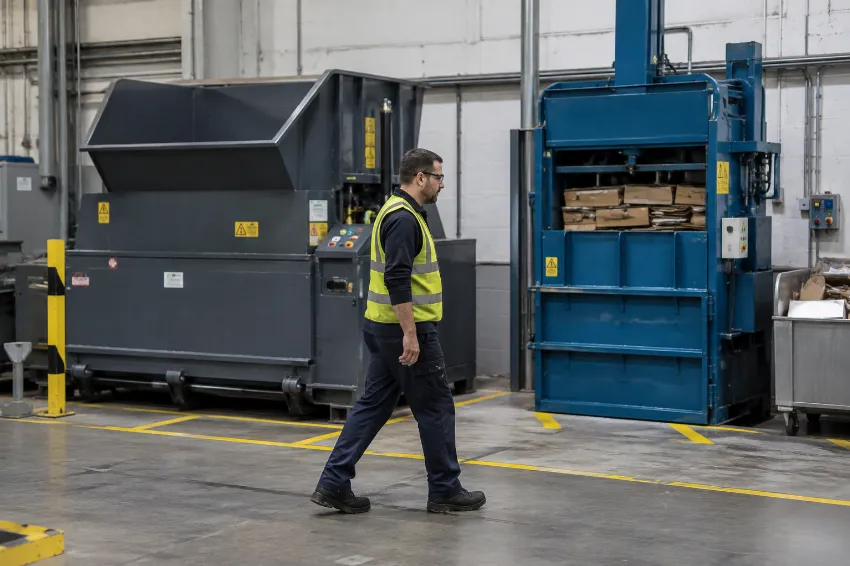 Retail back area using a compactor for general waste and a baler for cardboard